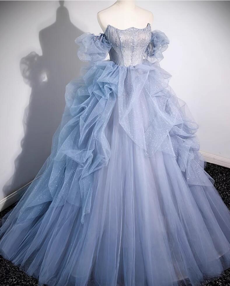 良品店舗のオフショルダー WeddingDress カラードレス 編み上げ ブルー ビスチェ ステージドレス ロングドレス ウェディウエディングドレス プリンセスドレス イブニングドレス コンサート コンクール パーティードレス ブライダル 花嫁 披露宴 プリンセスラインドレス XS~3XL｜アングル3