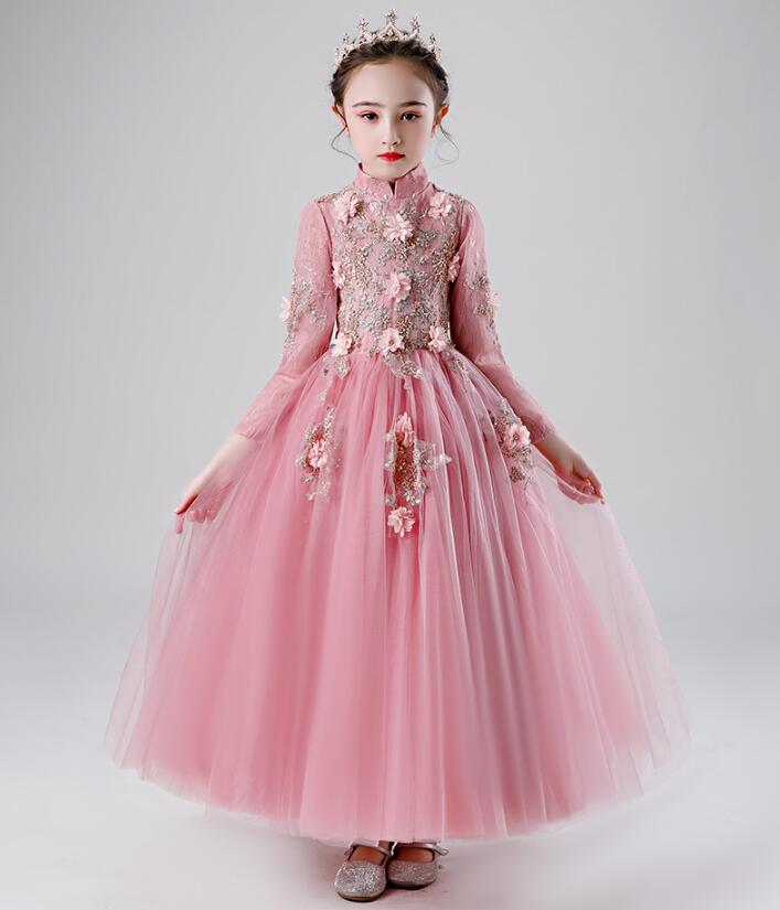 楽天良品店舗高品質 お姫様 キッズ フォーマル/ジュニア 子供服/女の子 ピアノ プリンセス 発表会 七五三 結婚式 パーティードレス ピアノ マキシ丈ワンピース ブライダル ウェディングドレス 衣装 立ち襟 長袖ワンピース 秋春冬 立ち襟 100/110/120/130/140/150/160 花柄