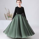 高品質 お姫様 キッズ フォーマル/ジュニア 子供服/女の子 ピアノ プリンセス 発表会 七五三 結婚式 パーティードレス ピアノ マキシ丈ワンピース ブライダル ウェディングドレス 衣装 長袖ワンピース 秋春冬 切り替え110/120/130/140/150/160 黒緑 リボンあり