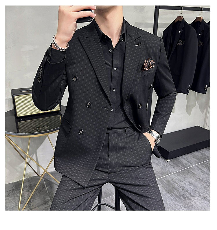 割引 3color メンズ スーツ セットアップ メンズスーツ カジュアル おしゃれスーツ タキシード 紳士服 礼服 S-7XL ダブルスーツ 大きいサイズ 2点セット ストライプ 紺色 黒 メンズ縞々柄 ビジネススーツ 花婿スーツ suit リクルートスーツ セレモニースーツ