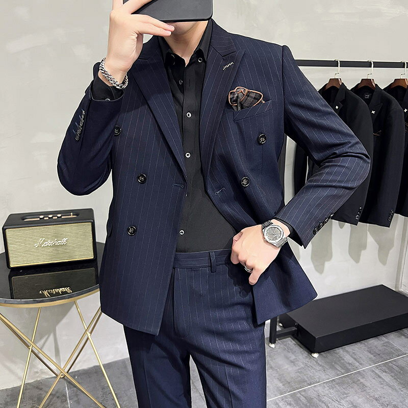 割引 3color メンズ スーツ セットアップ メンズスーツ カジュアル おしゃれスーツ タキシード 紳士服 礼服 S-7XL ダブルスーツ 大きいサイズ 2点セット ストライプ 紺色 黒 メンズ縞々柄 ビジネススーツ 花婿スーツ suit リクルートスーツ セレモニースーツ
