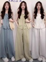 4色 セットアップ リネンライク ワイドパンツ ブラウス ひんやり 接触冷感 レディース カジュアル 夏 ワイドパンツ きれいめ フレンチスリーブ ブラウス ゆ...