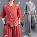 3色 綿麻混 刺繍 2点セット 上下セットトップス+ガウチョパンツ M/L/XL/2XL レディース ゆったり カジュアル 麻混 リネンブレンド ウエストゴム ...