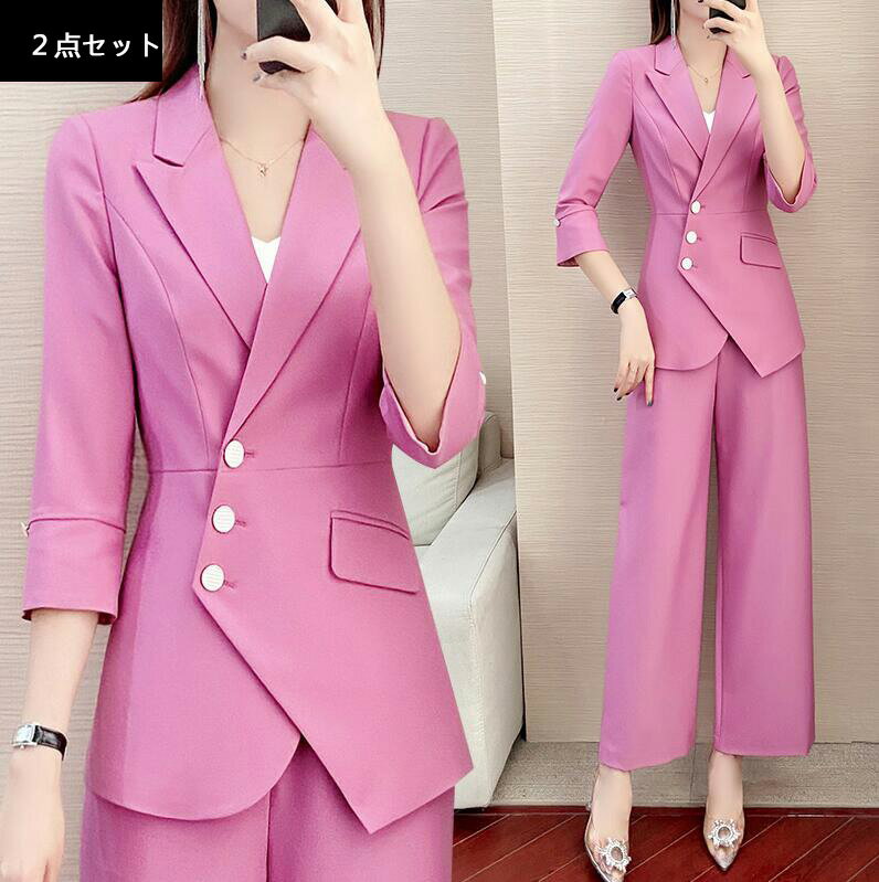 韓国風 2点セット/7分袖 ロングコート+ガウチョパンツ 通勤 OL 着痩せ フォーマル 二次会 レディーススーツ セレモニースーツ カジュアル セットアップ ...