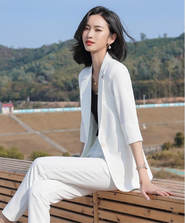 韓国風 2点セット/5分袖 ロングコート+パンツ 通勤 OL 着痩せ フォーマル 二次会 レディース セレモニースーツ カジュアル セットアップ 入学式 卒園式 卒業式 ママ 品質良い 春秋夏 20代30代40代 テーラードジャケット スリム ズボン 黒/白/オレンジ