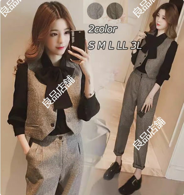 個性的【低身長さん向けサイズ登場】レディーススーツ2点セット 上下セット 無地 2色 3点セット ベスト +シャツ+7分丈パンツ S~3XL スリムスト スリム...