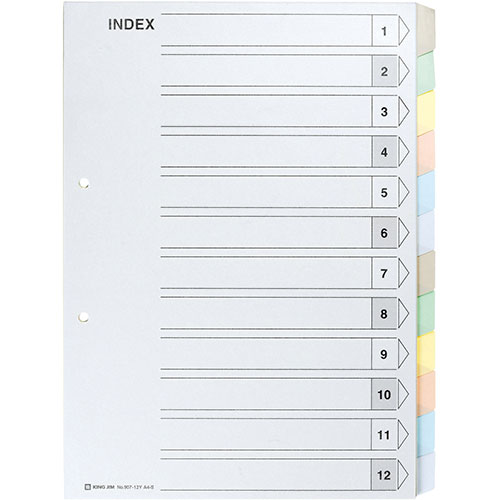 レビューを書いて　緑花堂5％OFFクーポンGET！レビューを書いたらメールでお知らせくださいね 【10個セット】 KING JIM キングジム カラーインデックスA4S 12山タイプ ASNKJ-907-12YX10|雑貨・ホビー・インテリア 雑貨 雑貨品 素早く書類を検索できるファイル内の見出し。月別整理におすすめ。●素材:紙 ●生産国:ベトナム▼関連商品:商品カテゴリー ◇ 緑花堂セレクト＞ 雑貨・ホビー・インテリア＞ 雑貨＞ 雑貨品