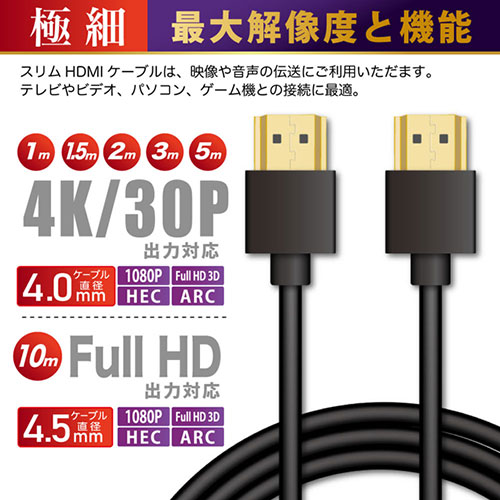 日本トラストテクノロジー スリムHDMIケーブル 極細・取り回しに便利 4K/30P対応 3...