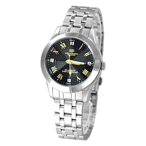 OMEGA - J.HARRISON レディースウォッチ 4石天然ダイヤモンド付・ソーラー光発電電波婦人用時計 ブラック ASNJ.H-082A-LGB|雑貨・ホビー・インテリア 雑貨 腕時計