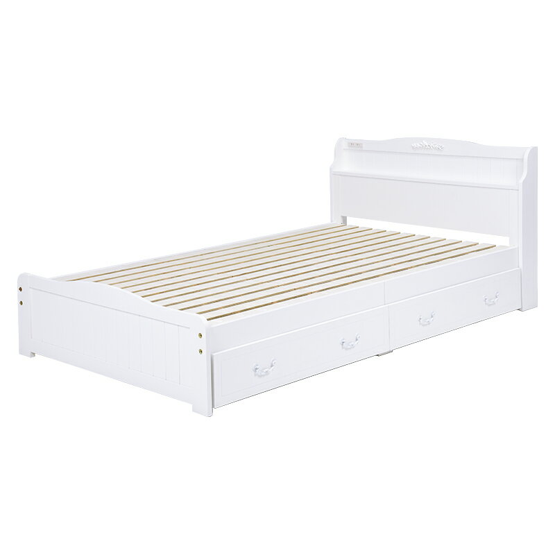 引出し付セミシングルショートベッド ホワイト[THU3000000532]|引出し2杯付 エレガント装飾 2口コンセント付 セミシングルトベッド