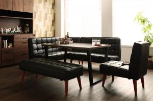 ヴィンテージスタイル・リビングダイニングセット 4人 5点セット(テーブル+ソファ1脚+アームソファ1脚+..