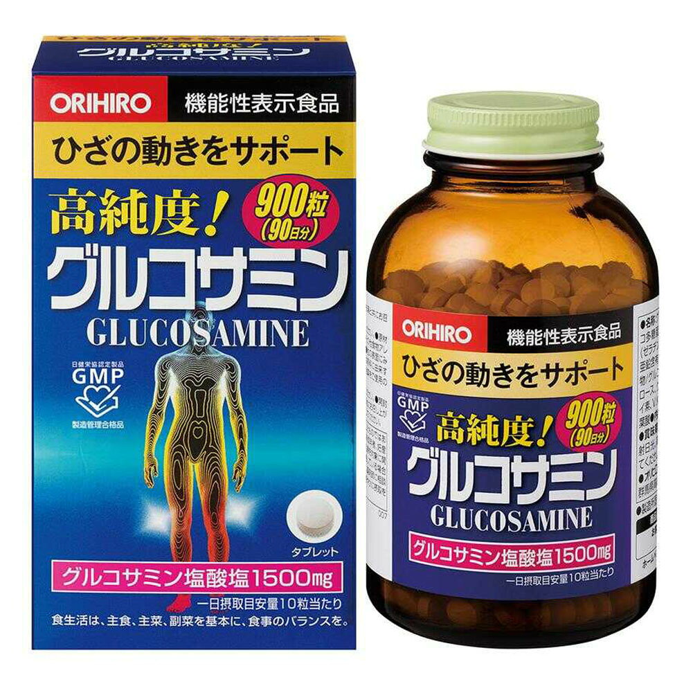 グルコサミン塩酸塩の機能性表示食品 グルコサミン塩酸塩を一日摂取目安量10粒当たり1500mg配合し、膝の動きのサポートに関する機能性表示を行っています。 内容量 225g（900粒／1粒250mg） 1日目安量 10粒 原材料名 発酵コラーゲン分解物（ゼラチンを含む）（国内製造）、ムコ多糖蛋白複合体（豚肉を含む）、デキストリン、ドロマイト、亜鉛含有酵母、鶏軟骨抽出物、ビタミンK含有食用油脂粉末、大豆胚芽抽出物／グルコサミン（えび・かに由来）、結晶セルロース、グリセリン脂肪酸エステル、二酸化ケイ素、V.B6、V.B1、ヒアルロン酸、葉酸、V.D 主要成分 製品10粒(2.5g)当たり 機能性関与成分： グルコサミン塩酸塩　1500mg ムコ多糖蛋白複合体（コンドロイチン含有）100mg、発酵コラーゲン分解物（豚由来）100mg、大豆胚芽抽出物（大豆イソフラボンアグリコン1.6mg）5mg、低分子ヒアルロン酸1mg、鶏軟骨抽出物（2型コラーゲン含有）10mg、カルシウム17mg、マグネシウム10mg、亜鉛1.0mg、ビタミンB1 2.0mg、ビタミンB6 3.5mg、ビタミンD 3.5μg、ビタミンK 10μg、葉酸250μg アレルギー表示対象原料 えび、かに、大豆、鶏肉、豚肉、ゼラチン お召し上がり方 ●一日10粒を目安に、水またはお湯と共にお召し上がりください。 ●一日摂取目安量をお守りください。 ●原材料をご参照の上、甲殻類アレルギーの方や、その他食物アレルギーのある方はご利用を控えてください。 ●抗血栓薬をご使用の場合は、医師、薬剤師に相談してください。 【届出表示】 本品にはグルコサミン塩酸塩が含まれます。グルコサミン塩酸塩は膝の動き（曲げ伸ばし）をサポートし、膝の違和感を軽減することが報告されています。本品は膝関節に関する生活の質を高めたい方に適した食品です。 ●本品は、事業者の責任において特定の保健の目的が期待できる旨を表示するものとして、消費者庁長官に届出されたものです。ただし、特定保健用食品と異なり、消費者庁長官による個別審査を受けたものではありません。 ●本品は、疾病の診断、治療、予防を目的としたものではありません。 ●食生活は、主食、主菜、副菜を基本に、食事のバランスを。 ※キャップの色は異なる場合がございます。