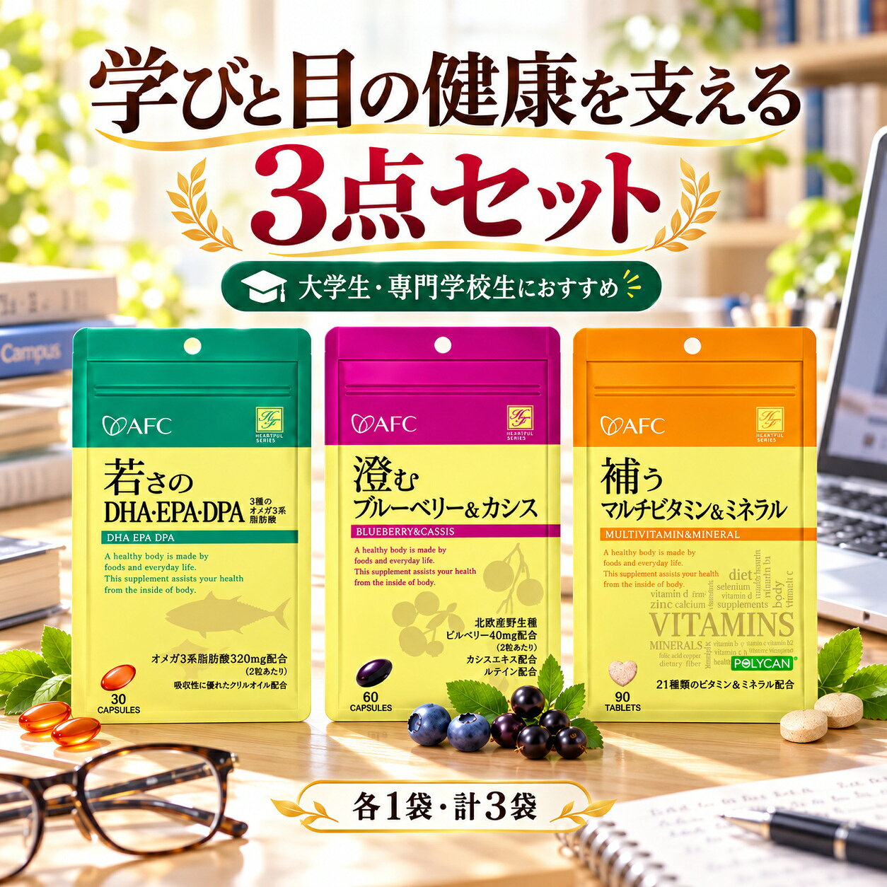 学びと目の健康を支える3点セットの対象 ・大学生／専門学校生 ・受験、資格試験、レポート作成が多い方 ・PC、スマホ、オンライン授業を長時間利用する方 ・一人暮らしで魚・野菜が不足しがちな方 ・夜型になりやすく、食事時間が不規則な方 AFC ハートフルシリーズ　補うマルチビタミン＆ミネラル　30日分 商品説明 12種類のビタミンと9種類のミネラルをバランスよく配合 栄養機能食品（ビオチン）、ビオチンは皮膚や粘膜の健康維持を助ける栄養素です。 栄養素など表示基準を基にビタミン類は充足率100％、ミネラル類は充足率33％[カルシウム100mg（充足率14.3％）、マグネシウム50mg（充足率20％）]を配合しました。 食生活の基本は、主食、主催、副菜といった食事のバランスが基本となります。ビタミン、ミネラルは人にとって重要な栄養素ですので、ベースサプリとしてご活用ください。 原材料名 還元麦芽糖水飴、デキストリン、鉄酵母、亜鉛酵母、V.E含有植物油、ヨウ素酵母、クロム酵母、銅酵母、セレン酵母、モリブデン酵母、未焼成カルシウム、セルロース、V.C、酸化マグネシウム、微粒二酸化ケイ素、ステアリン酸カルシウム、ナイアシン、アウレオバシジウム培養液、加工デンプン、パントテン酸カルシウム、増粘剤（アラビアガム）、V.B6、V.B2、V.B1、V.A、葉酸、酸化防止剤（V.C、V.E）、ビオチン、V.D、V.B12 成分表示 【3粒(0.96g)あたり 】 エネルギー:2.74kcal、たんぱく質:0.061g、脂質:0.03g、炭水化物:0.56g、ナトリウム:0〜10mg、ビタミンB1:1.00mg、ビタミンB2:1.10mg、ビタミンB6:1.00mg、ビタミンB12:2.00μg、ナイアシン:11.00mg、パントテン酸:5.50mg、ビタミンD:5.00μg、ビタミンA:450.00μg、ビタミンE:8.00mg、葉酸:200.00μg、ビタミンC:80.00mg、ビオチン:45.00μg、カルシウム:100.00mg、マグネシウム:50.00mg、鉄:2.50mg、銅:0.20mg、ヨウ素:30.00μg、セレン:7.67μg、亜鉛:2.34mg、クロム:10.00μg、モリブデン:5.67μg 内容量 28.8g（320mg×90粒）【30日分】 お召し上がり方 健康補助食品として1日3粒を目安に、水等でお召し上がりください。 AFC ハートフルシリーズ　若さのDHA・EPA・DPAオメガ 15日分 商品説明 吸収性に優れたクリルオイル（アスタキサンチン含有）を配合 3種類のオメガ3系脂肪酸（DHA・EPA・DPA）に吸収性に優れたクリルオイル（南極オキアミ由来）をプラス配合。 一日目安の2粒にDHA・EPA・DPAを計320mg配合。 食事が偏った方や不規則な生活が多い方におススメ。 DHA・EPA等で毎日の健康をサポート。 原材料名 DHA含有精製魚油、ゼラチン、ハープシールオイル、クリルエキス/グリセリン、酸化防止剤（V.E、カテキン） 栄養成分 (1粒：530mgあたり) エネルギー・・・3.74kcal たんぱく質・・・0.12g 脂質・・・0.34g 炭水化物・・・0.05g 食塩相当量・・・0.001g ‐n‐3系脂肪酸・・・0.16g DHA・・・125mg EPA・・・18.75mg DPA・・・6.25mg 内容量 15.9g（530mg×30粒）【15日分】 お召し上がり方 健康補助食品として1日2粒を目安に、水等でお召し上がりください。 AFC ハートフルシリーズ　澄むブルーベリー＆カシス 25日分 商品説明 北欧産野生種ワイルドビルベリー使用。3種類のエキスがくっきり、イキイキ視界の健康維持を応援します。 くっきりクリア生活　北欧産野生種ビルベリー・ルテイン配合 ビルベリーとカシスにはアントシアニンという色素が含まれています。デスクワークをする人や、パソコン・ケータイをよく使う方におすすめします。 原材料名 食用油脂、ゼラチン、ビルベリー抽出物、カシス抽出物、マリーゴールド抽出物、デキストリン、グリセリン、乳化剤、ミツロウ、V.B6、ベータ-カロテン、V.B1、酸化防止剤（V.E）、V.E12 栄養成分 (2粒 あたり) エネルギー：2.19kcal、たんぱく質：0.10g、脂質：0.17g、炭水化物：0.06g、食塩相当量：0.00005g、ルテイン 2mg、ビルベリー　40mg、ビタミンA（β-カロテン）　150μg（1800μg） 内容量 17.75g（355mg×50粒）【25日分】 お召し上がり方 健康補助食品として1日2粒を目安に、水等でお召し上がりください。 ご購入・お召し上がり前に必ずご確認ください 本品は健康食品であり、医薬品ではありません。 疾病の診断、治療または予防を目的とした商品ではなく、健康状態や体感には個人差があります。 次の方は、ご購入・お召し上がり前に必ず医師または薬剤師にご相談ください。 ・疾病の治療中、通院中の方 ・医薬品を服用中の方 ・妊娠中、妊娠の可能性がある方、妊娠を計画している方 ・授乳中の方 ・食物アレルギーのある方 ・手術を予定している方 ・乳幼児、小児および高齢者の方 ・その他、健康状態に不安のある方 原材料表示をご確認のうえ、1日の摂取目安量を守ってお召し上がりください。同一成分を含む他の健康食品との重複摂取や、過剰摂取はお控えください。 体質や体調により、まれに身体に合わない場合があります。発疹、かゆみ、吐き気、腹痛、下痢、めまい、動悸その他の異常を感じた場合は、直ちに摂取を中止し、必要に応じて医師の診察を受けてください。 医薬品を服用されている方は、自己判断で医薬品の服用を中止・変更しないでください。