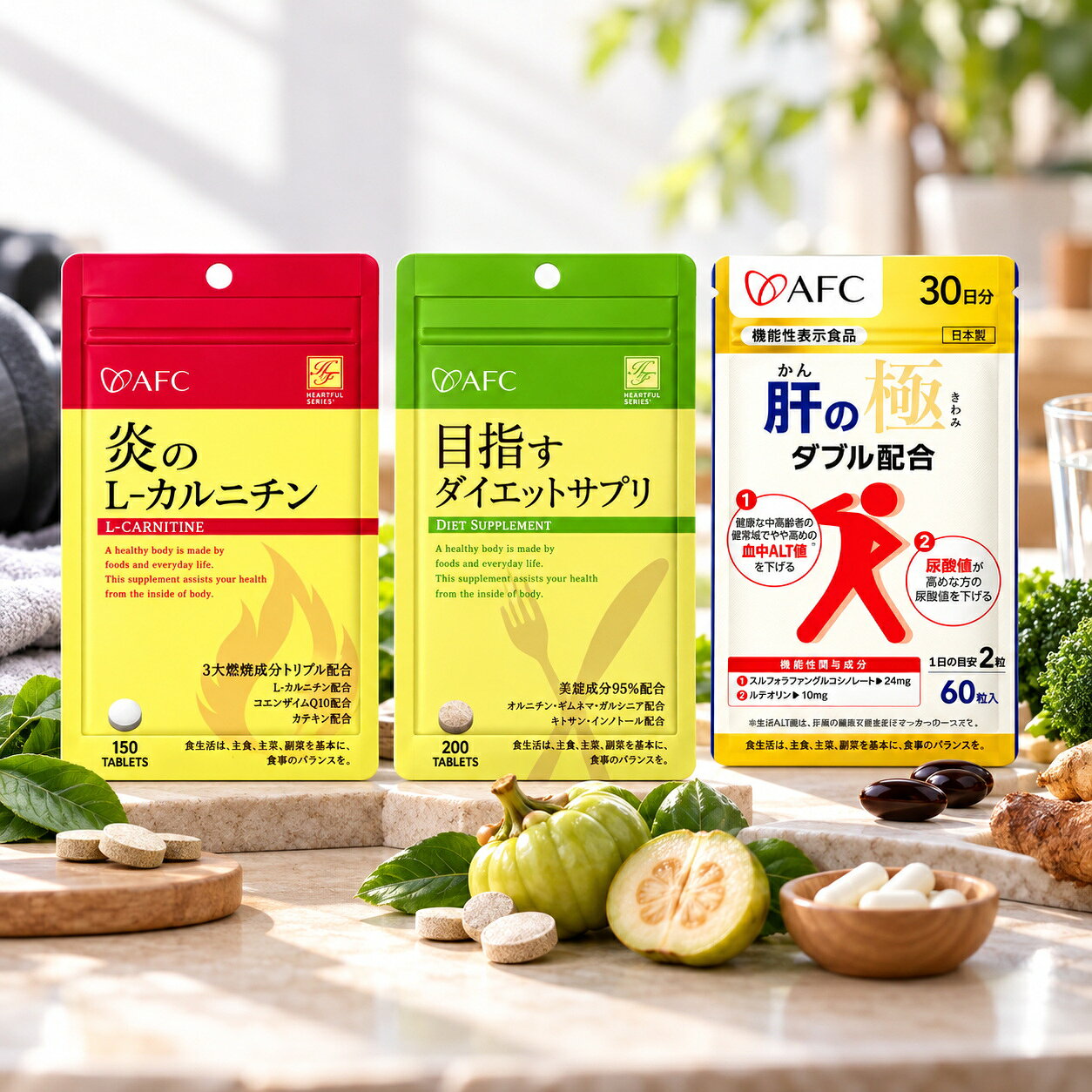 外食・会食が多い20代男性の食生活管理3点セットの対象 ・20~29歳の成人男性 ・営業、接客、飲食関係で会食が多い方 ・夜遅い食事や飲酒機会が多い方 ・デスクワーク中心で運動量が少ない方 AFC 【機能性表示食品】 肝の極（かんのきわみ） 30日分 商品説明 お酒をよく飲む方、肝臓の健康が気になっている方にダブルケア やや高めの血中ALT値（肝機能の数値）を下げるスルフォラファングルコシノレートと、高めの尿酸値を下げるルテオリンを配合した機能性表示食品です。 さらにサポート成分として、シジミ抽出物とL-オルニチン塩酸塩、豚肝臓分解物も配合しました。 スペシャルサプリで、肝臓ケアをはじめませんか？ 届出表示 【機能性表示】本品にはスルフォラファングルコシノレート、ルテオリンが含まれます。スルフォラファングルコシノレートには、健康な中高齢者の健常域でやや高めの血中ALT値を下げることが報告されています(血中ALT値は、肝職の健康状態を示すマーカーの一つです。)。ルテオリンには尿酸値が高めな方の尿酸値を下げる機能が報告されています。 【関与成分】スルフォラファングルコシノレート：24mg、ルテオリン：10mg 本品は、特定保健用食品と異なり、機能性及び安全性について国による評価を受けたものではありません。届け出られた科学的根拠等の情報は消費者庁のウェブサイトで確認できます。本品は、疾病に罹患している者、未成年者、妊産婦（妊娠を計画している者を含む。）及び授乳婦を対象に開発された食品ではありません。疾病に罹患している場合は医師に、医薬品を服用している場合は医師、薬剤師に摂取について相談してください。体調に異変を感じた際は、速やかに摂取を中止し、医師に相談してください。医薬品ではありません。 原材料名 ブロッコリー種子抽出物（ブロッコリー種子エキス、デキストリン）（中国製造）、菊の花抽出物（菊の花エキス、デキストリン）、還元麦芽糖水飴、澱粉、シジミ抽出物、L-オルニチン塩酸塩、豚肝臓分解物（豚肉を含む）／セルロース、微粒二酸化ケイ素、ステアリン酸カルシウム 成分表示 【1日2粒当たり】 エネルギー：1.90kcal、たんぱく質：0.04g、脂質：0.01g、炭水化物：0.42g、食塩相当量：0.003g 内容量 15g(60粒×250mg)【30日分】 お召し上がり方 健康補助食品として1日2粒を目安に、水等でお召し上がりください。 AFC ハートフルシリーズ 目指すダイエットサプリ 33~50日分 商品説明 気軽に試せるシリーズサプリメント。 6種類のパワーでスリム＆ビューティをサポート。 2種類の食物繊維（水溶性×不溶性）とハーブ（ギムネマ、ガルニシア）、オルニチンとイノシトール更にカプサイシンを配合でダブルサポート。 原材料名 ギムネマシルベスタ末、食物繊維含有デキストリン、大豆ペプチド、ガルシニアカンボジア抽出物、キトサン（かにを含む）、オルニチン、セルロース、イノシトール、ステアリン酸カルシウム、微粒二酸化ケイ素、加工デンプン、香辛料抽出物 または ギムネマシルベスタ末、食物繊維含有デキストリン、大豆ペプチド、ガルシニアカンボジア抽出物、キトサン（かにを含む）、オルニチン/セルロース、イノシトール、ステアリン酸カルシウム、微粒二酸化ケイ素、加工デンプン、香辛料抽出物 または ギムネマシルベスタ末（国内製造）、食物繊維含有デキストリン、大豆ペプチド、ガルシニアカンボジア抽出物、オルニチン/セルロース、イノシトール、キトサン、ステアリン酸カルシウム、微粒二酸化ケイ素、加工デンプン、香辛料抽出物、（一部に大豆・かに含む） アレルギー項目 （一部に大豆・かにを含む） 栄養成分 （1粒：250mgあたり） エネルギー・・・0.94kcal、たんぱく質・・・0.05g、脂質・・・0.01g、炭水化物・・・0.16g、ナトリウム・・・0～1mg　または　（1粒：250mgあたり）エネルギー・・・0.8kcal、たんぱく質・・・0.05g、脂質・・・0.01g、炭水化物・・・0.16g、糖質・・・0.08g、食物繊維・・・0.8g、食塩相当量・・・0.001g 内容量 50g（250mg×200粒）【33~50日分】 お召し上がり方 健康補助食品として1日4~6粒を目安に、水等でお召し上がりください。 AFC ハートフルシリーズ 炎のL-カルニチン 15~30日分 商品説明 コエンザイムQ10との組み合わせでしっかり燃焼サポート！ 目指せ美的バランス　三大燃焼成分トリプル配合。 L-カルニチンは運動をしながら効率的にスリムを目指す方をサポートする成分です。さらにコエンザイムQ10、カテキンを配合しました。 原材料名 乳糖、L-カルニチンL-酒石酸塩、デキストリン、緑茶抽出物、砂糖、食用油、コエンザイムQ10、セルロース、ショ糖脂肪酸エステル、微粒二酸化ケイ素、安定剤（アラビアガム） 栄養成分 (1粒 あたり) L-カルニチン酒石酸塩　70mg （L-カルニチン）　（47mg） 内容量 45g（300mg×150粒）【15~30日分】 お召し上がり方 健康補助食品として1日5~10粒を目安に、水等でお召し上がりください。 ご購入・お召し上がり前に必ずご確認ください 本品は健康食品であり、医薬品ではありません。 疾病の診断、治療または予防を目的とした商品ではなく、健康状態や体感には個人差があります。 次の方は、ご購入・お召し上がり前に必ず医師または薬剤師にご相談ください。 ・疾病の治療中、通院中の方 ・医薬品を服用中の方 ・食物アレルギーのある方 ・手術を予定している方 ・乳幼児、小児および高齢者の方 ・その他、健康状態に不安のある方 原材料表示をご確認のうえ、1日の摂取目安量を守ってお召し上がりください。同一成分を含む他の健康食品との重複摂取や、過剰摂取はお控えください。 体質や体調により、まれに身体に合わない場合があります。発疹、かゆみ、吐き気、腹痛、下痢、めまい、動悸その他の異常を感じた場合は、直ちに摂取を中止し、必要に応じて医師の診察を受けてください。 医薬品を服用されている方は、自己判断で医薬品の服用を中止・変更しないでください。