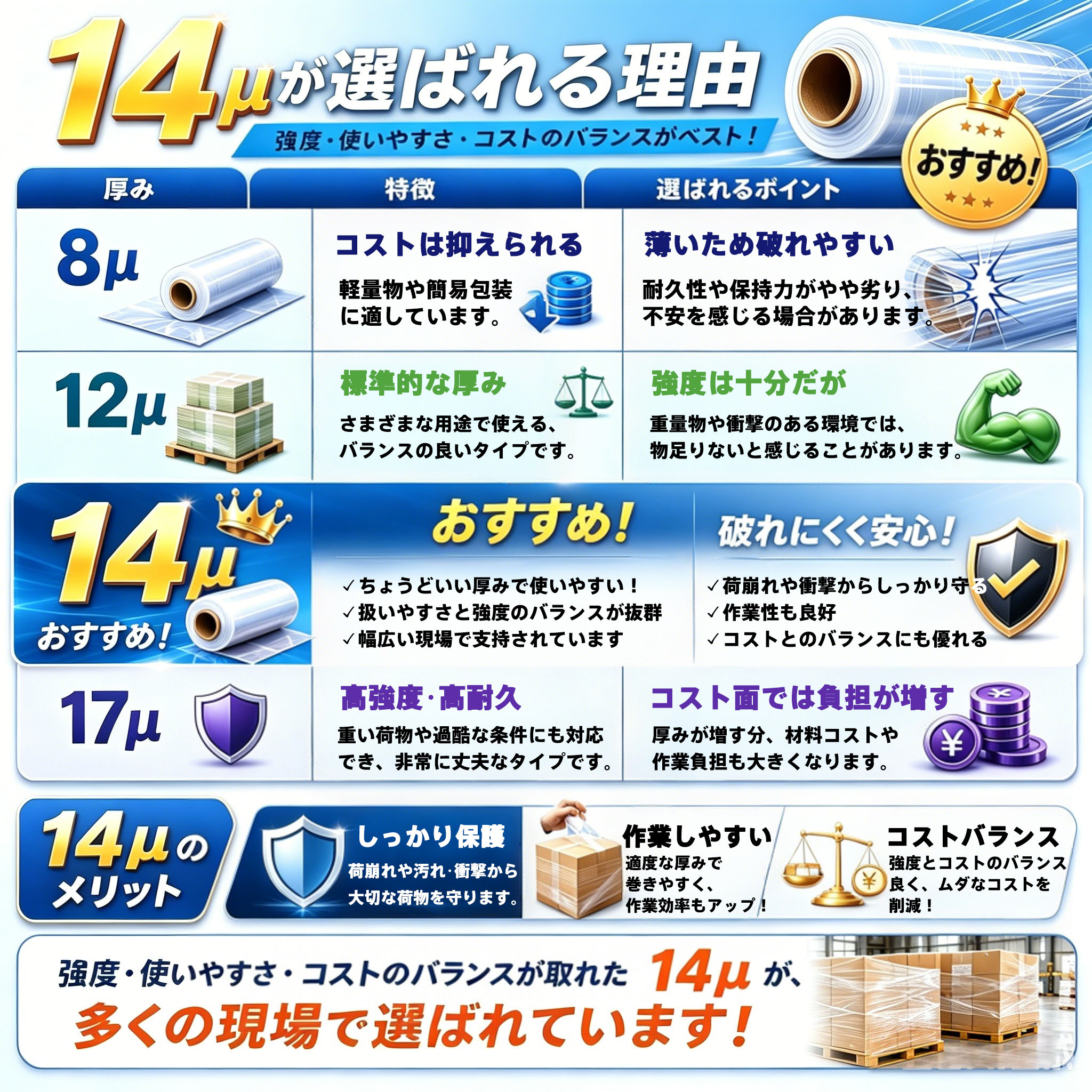 ストレッチフィルム 6本入り 幅500mm×300m 14μm 梱包用ラップフィルム 業務用 PEフ...
