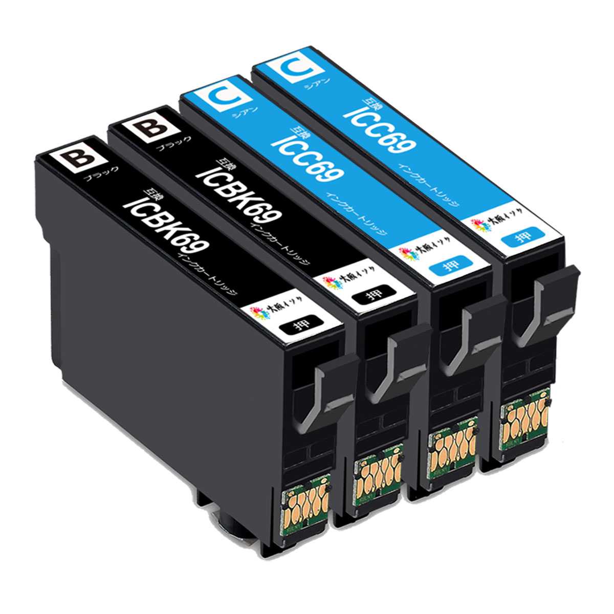 IC4CL69互換インクカートリッジ エプソン増量ブラック（ICBK69）2本・シアン（ICC69）2本合計4本目印：砂時計 対応プリンター: PX-045A PX-046A PX-047A PX-105 PX-405A PX-435A PX-436A PX-437A PX-505F PX-535F残量表示あり 最新ICチップ搭載