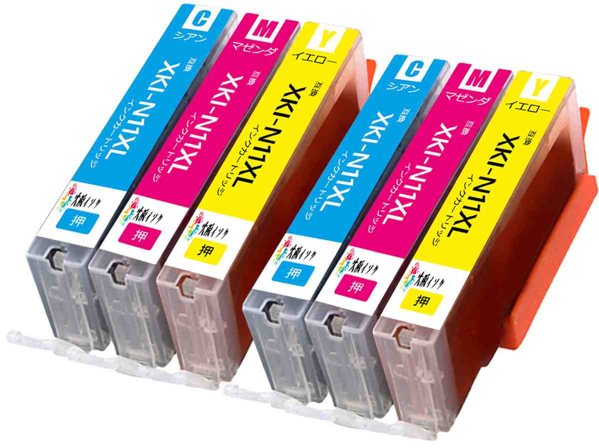 XKI-N11XL-Cシアン XKI-N11XL-Mマゼンタ XKI-N11XL-Yイエロー各2個 計6本セット互換インクカートリッジキヤノン 対応機種:PIXUS XK50 XK60 XK70 XK80 XK90 大容量/ICチップ搭載・残量表示ICチップ搭載、全ての互換インクカートリッジには純正インクと同様に残量表示機能付