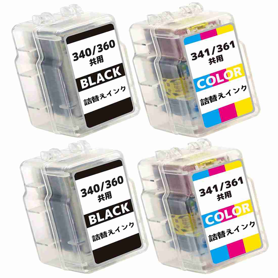 BC-360 /340共通 (BKブラック)2本 BC-361 /341共通 (C/M/Y 3色カラー)2本合計4本セットキヤノン 用詰め替え互換インクカートリッジ340 341 360 361 インク BC-340XL BC-341XL BC-360XL BC-361XL大容量 補充用 対応機種: PIXUS MG4230 MG4130 MG3630 MG3530 MG3230 MG3130