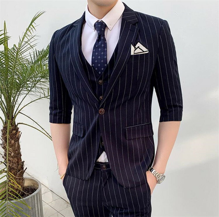 スリーピーススーツ メンズ 春夏 カジュアル 7分袖ジャケット アンクルパンツ ストライプ柄 セットアップ スーツ メンズ オシャレ スリム 上下セット 3点セット サマースーツ 大きいサイズ おしゃれ ビジネス ちょいワル　結婚式 二次会 パーティー サロン 送料無料