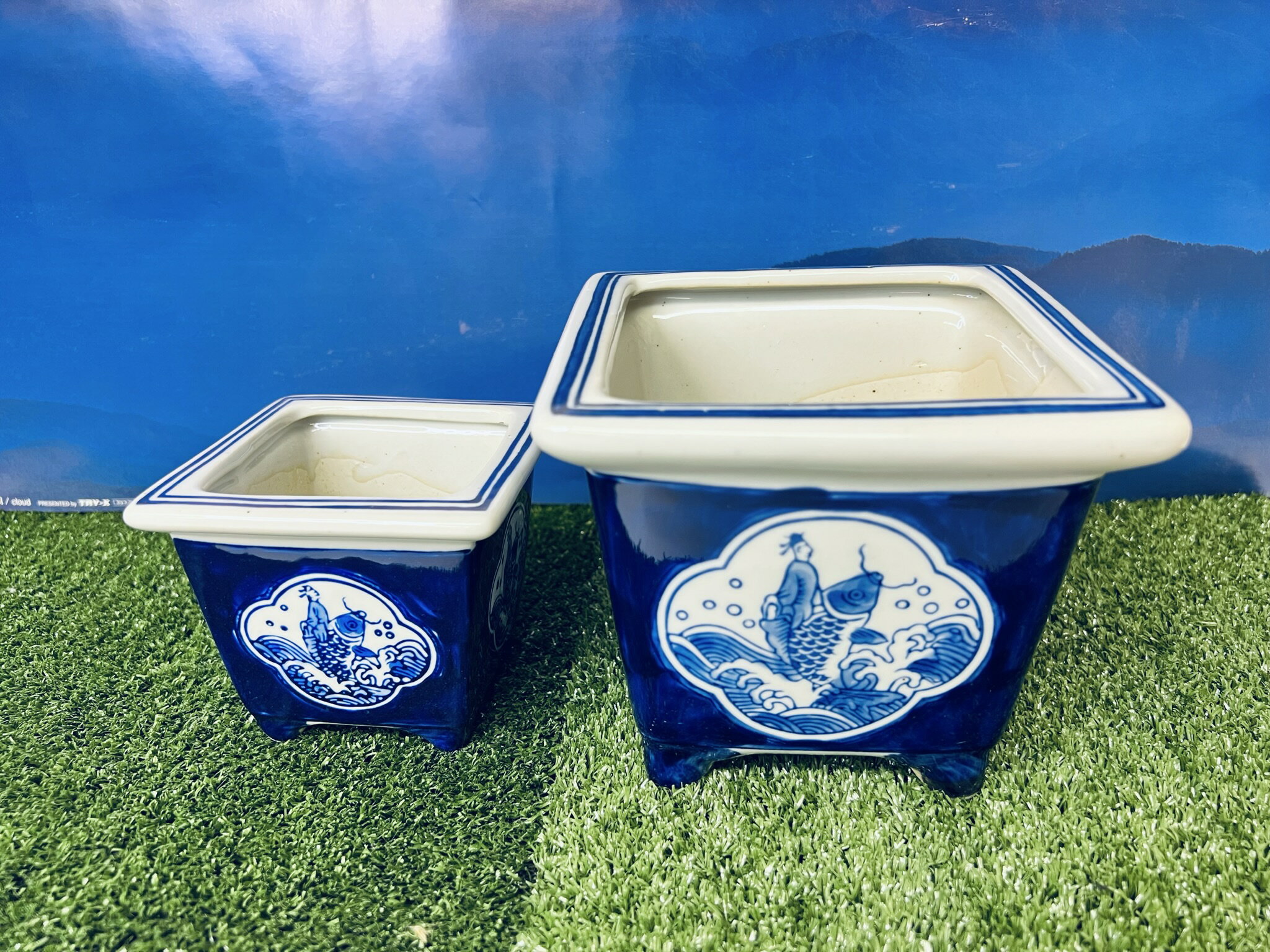 陶器 植木鉢【07正方大小2点セット】青鯉 盆栽 植物 多肉 庭園 お庭 中国 人気 CHINA