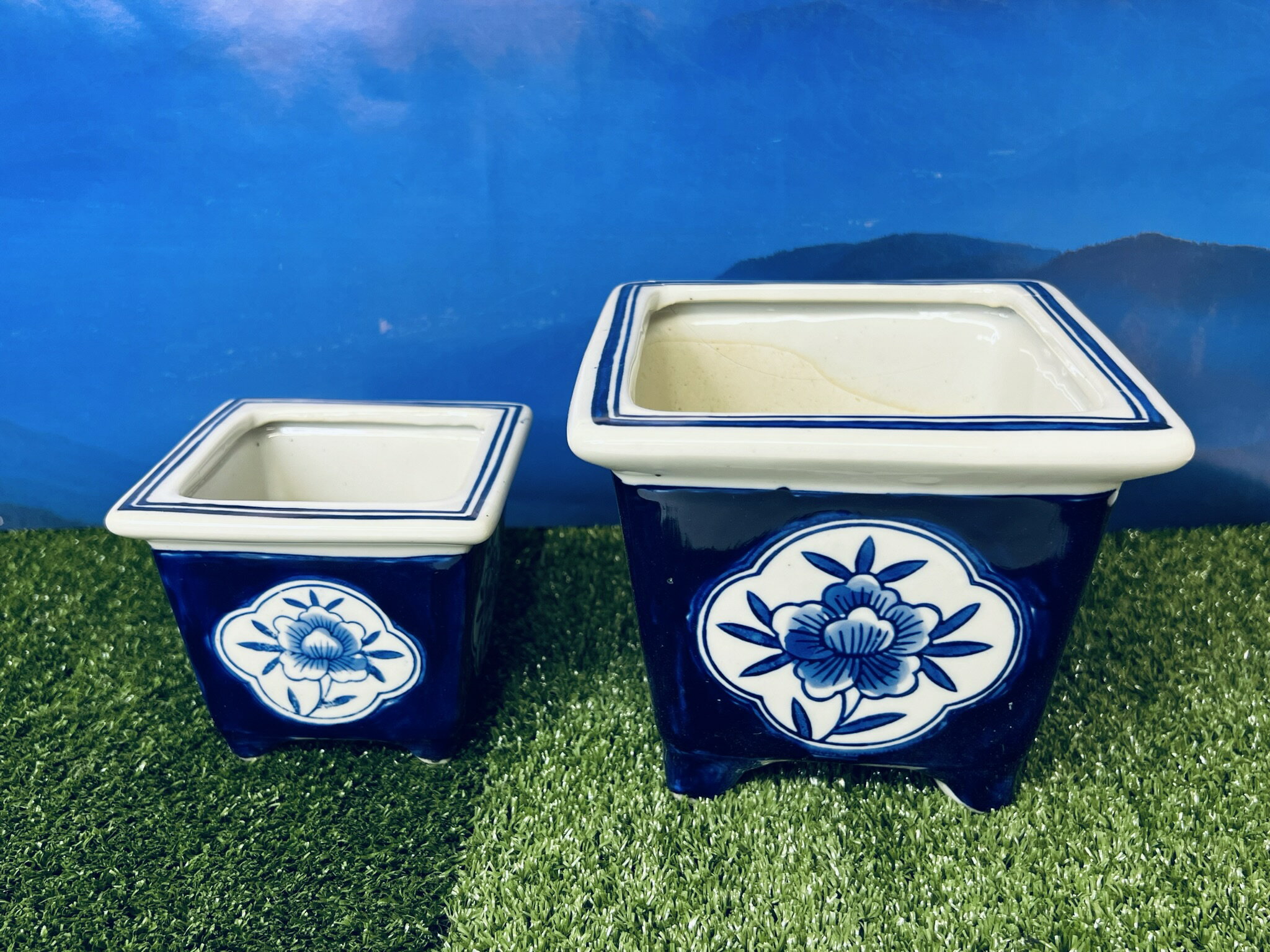 陶器 植木鉢【04正方大小2点セット】洋蓮 盆栽 植物 多肉 庭園 お庭 中国 人気 CHINA