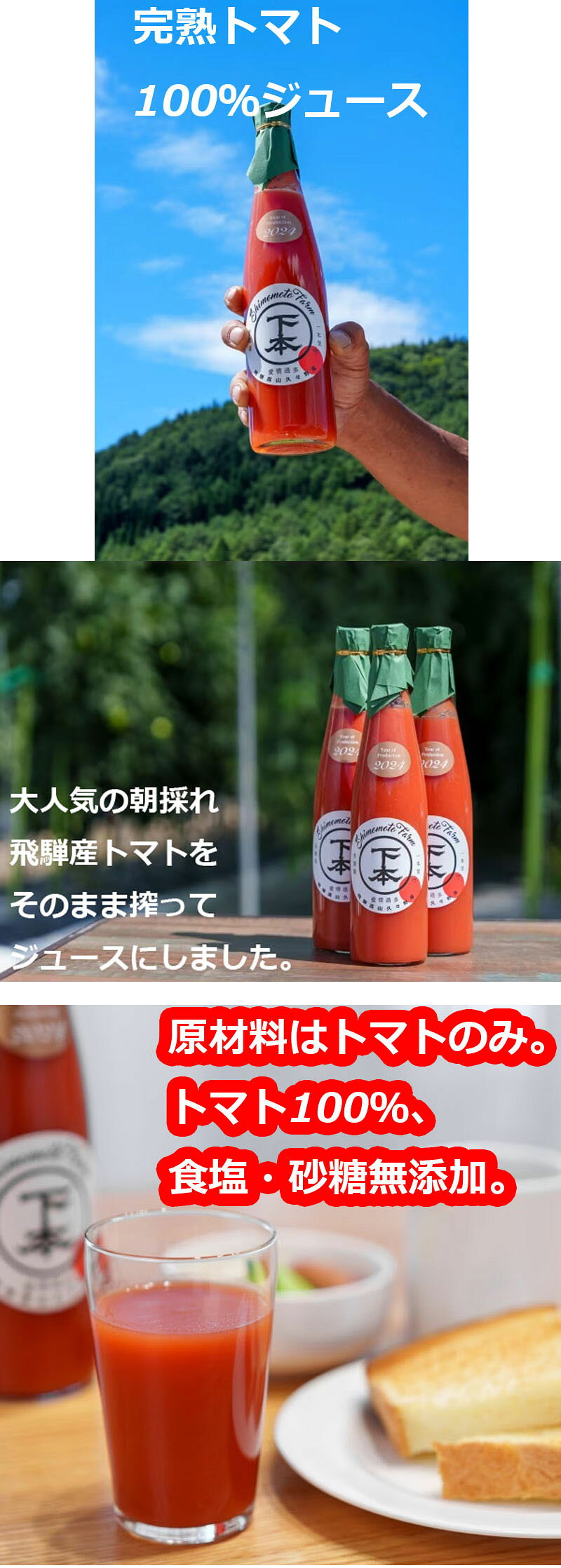 産地直送 下本農園 完熟飛騨 トマトジュース 500ml×3本 麗月 完熟トマト100％ジュース化粧箱付 食塩・砂糖無添加 れいげつ 甘み 酸味 飛騨産トマト 岐阜県産トマト ryousouya-10008544 両総屋 サンプル画像2
