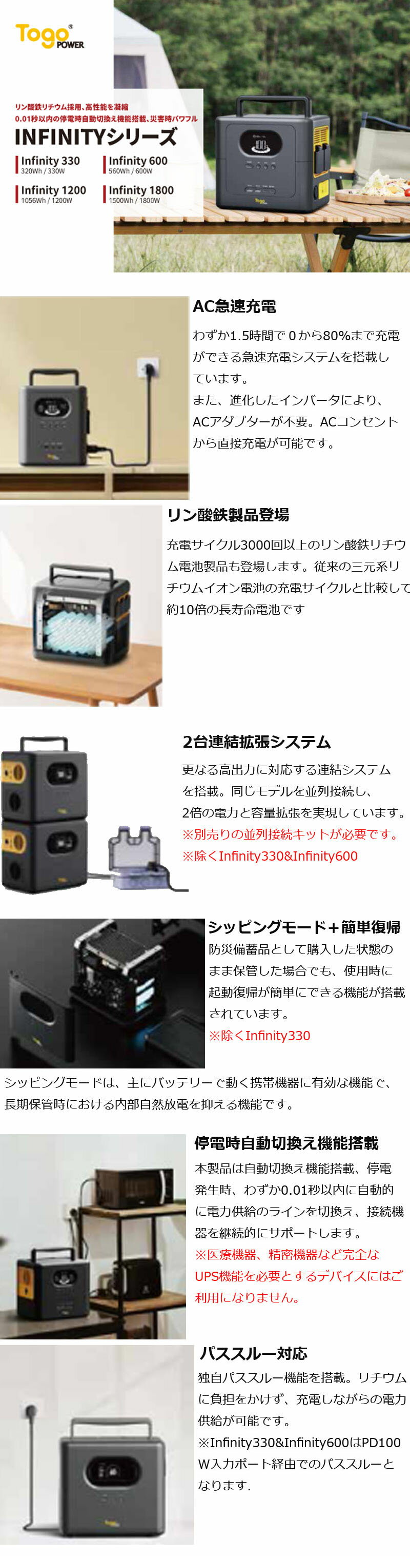 AC��®���Ų�ǽ �ݡ����֥��Ÿ� TogoPower INFINITY 1200 1056Wh 1200W Ĺ��̿���� �����ȥɥ� ������ �ҳ� ���� ����