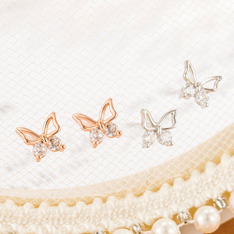 【キュービックジルコニアの輝く2つのストーンが可愛い蝶々ピアス】 シルバー ゴールド ローズ レディース ちょうちょ ピアス 女性 ワンポイント 20G ペア