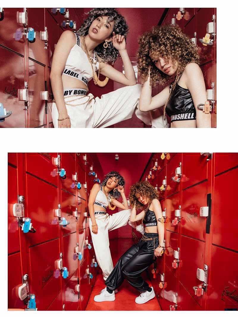 パンツ・サルエルパンツ レザー風 パンツ ダンス ロゴテープ ゴム メタリック 衣装 ハイウエスト ダンスパンツ レディース bombshell あす楽 送料無料