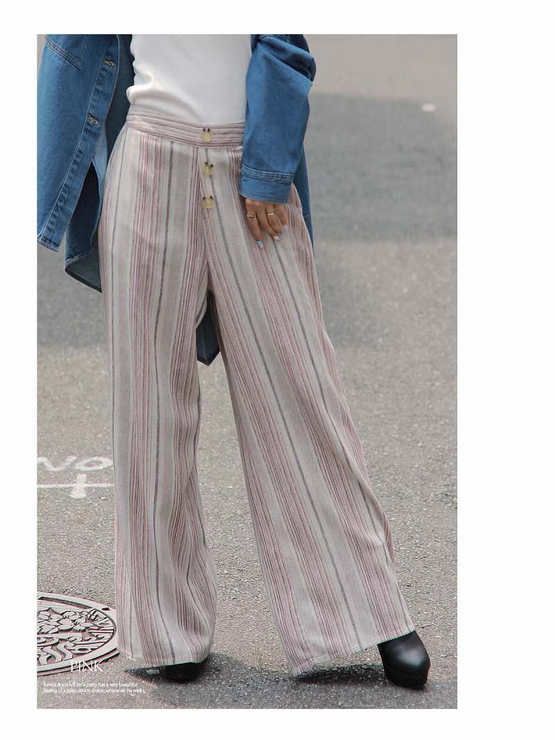 パンツ・サルエルパンツ ウエストゴム ストライプ ワイドパンツ レーヨン ボトムス マーブルボタン 練習着 レディース ボトムス ロングパンツ Bbomb あす楽