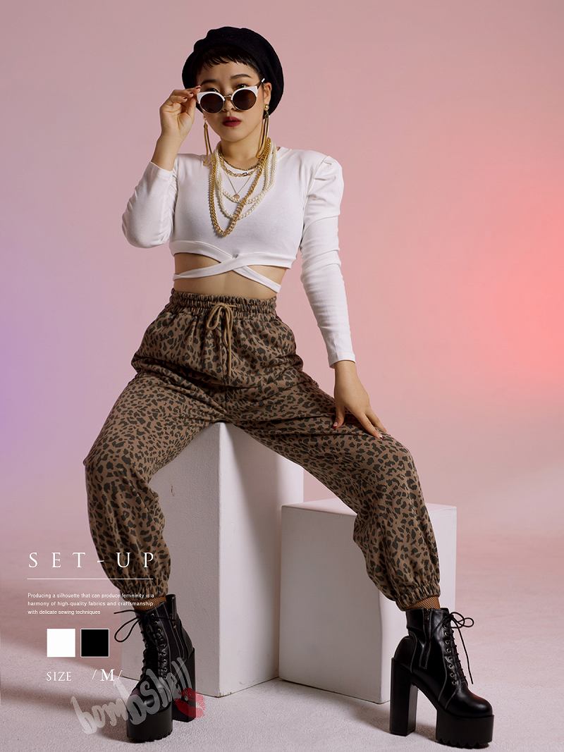 セットアップ レオパード ヒョウ柄 セットアップ スウェット サルエルパンツ ジョガーパンツ ストリートファッション へそ出し ダンス衣装 コスチューム Bbomb あす楽
