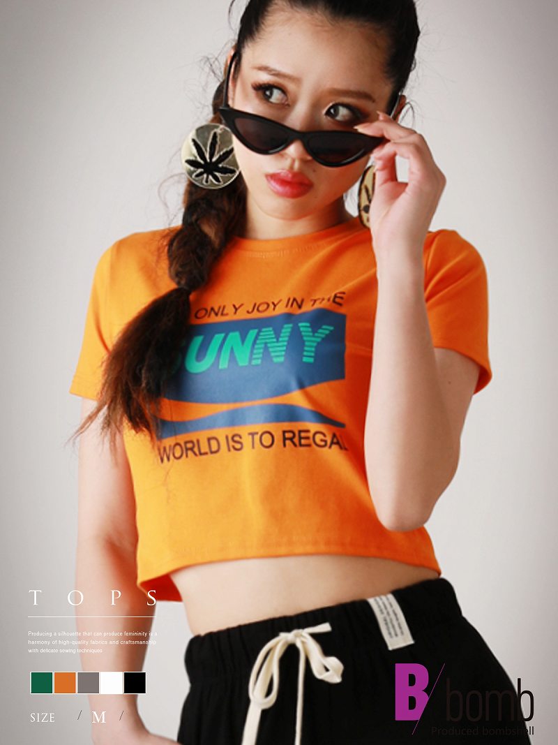 乐天商城 - 【決算SALE】【メール便対応】半袖Tシャツ Tシャツ 半袖 ミニT トップス カットソー ショート丈 ヘソ出し 原色カラー 韓国ファッション ラウンドネック Bbomb あす楽