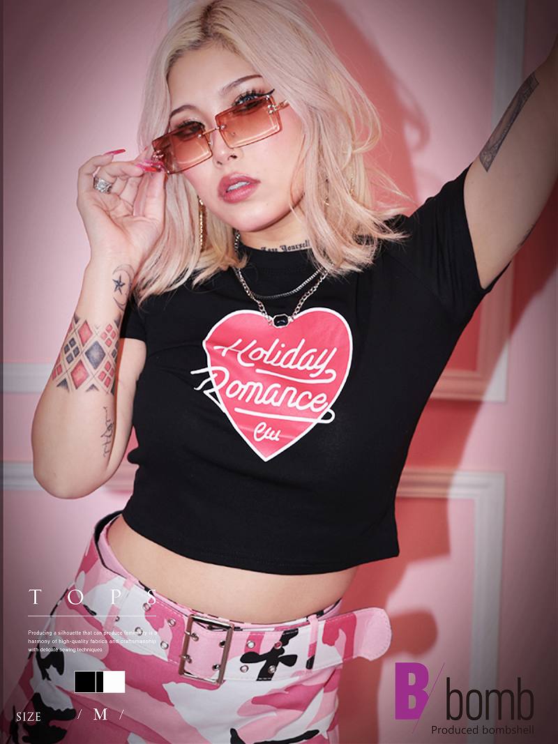 乐天商城 - 【決算SALE】【メール便対応】半袖Tシャツ トップス Tシャツ 半袖 クロップ ショート ハート プリント ヘソ出し ミニ 小さめ Bbomb あす楽