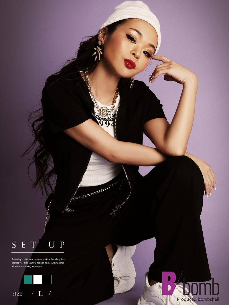 セットアップ セットアップ 半袖 サイドカット ジップ ミニ トップス ワイドパンツ フード ポケット インポート Bbomb あす楽 送料無料