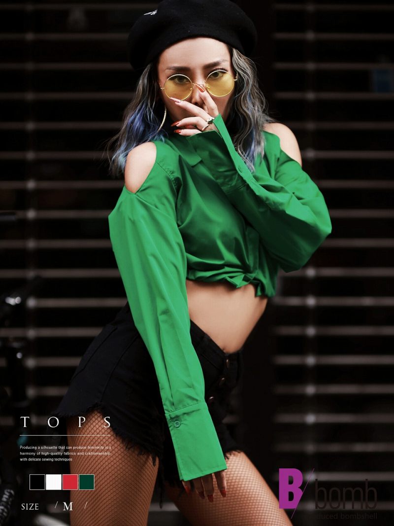 【SALE】【メール便対応】シャツ へそ出し 長袖 カラーシャツ ショート丈 肩出し オープンショル ...