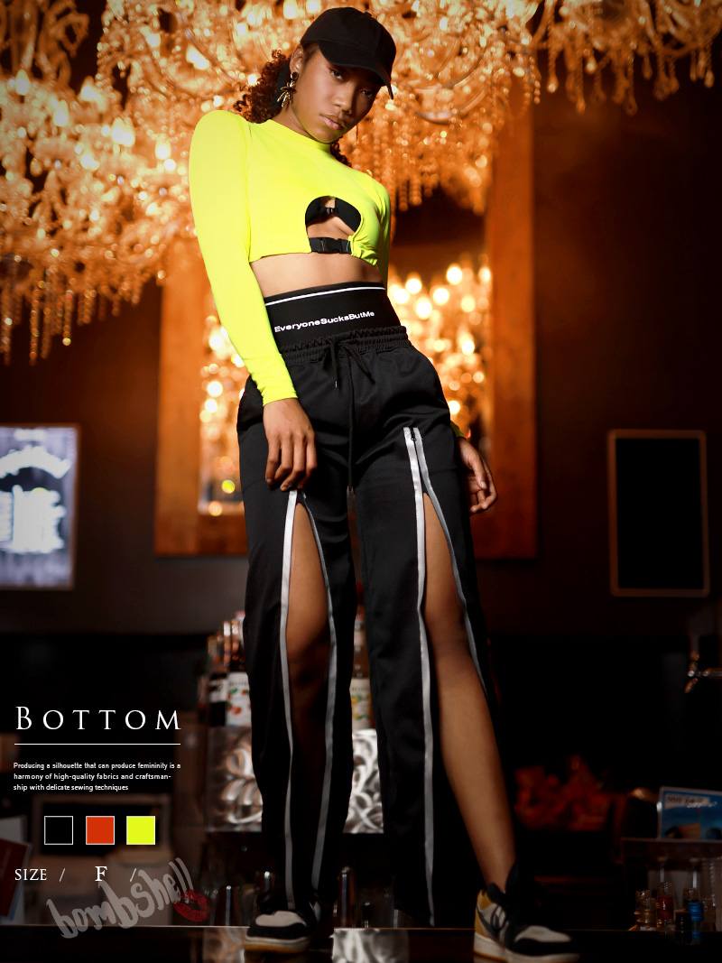 パンツ・サルエルパンツ 光る インポート 蛍光パンツ 映え リフレクター スリット ウエストゴム 海外ファッション ダンス衣装 目立つ bombshell あす楽