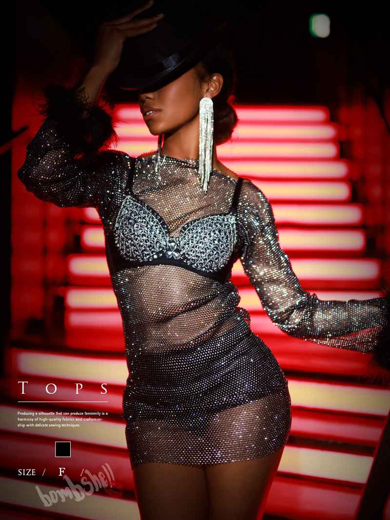 ワンピース ビジュー メッシュ シースルー 長袖 クラブ ステージ衣装 ギラギラ 派手 ファー 高級 bombshell あす楽 送料無料