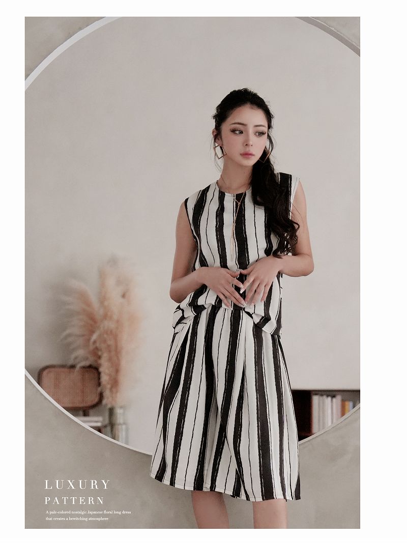 パンツ セットアップ パンツセットアップ レディース 2ピース レディースセットアップ レディースファッション ストライプ セットアップ ワンピース 私服 韓国風 同伴 バックシャン 2ピースセット 柄ワンピ シフォンワンピ DaysPiece KANO(ThePink) あす楽 送料無料