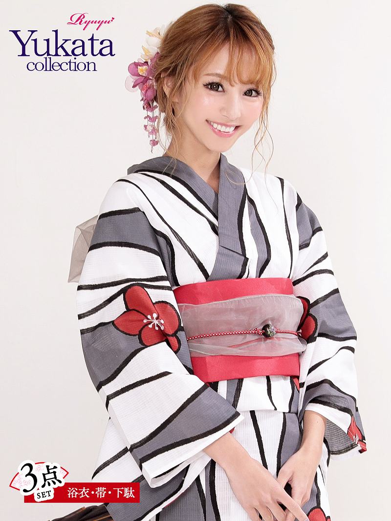 浴衣 セット レディース ゆかた 帯 下駄 キャバ 梅柄 モダン 3点 花柄 作り帯 レトロ モダン レトロモダン かわいい 祭り まつり 着方 簡単 楽 楽ちん ホワイト 赤 レッド ストライプ 男ウケ 20代 30代 涼しい 古典 あす楽 大正ロマン 即日発送 セクシー エロ