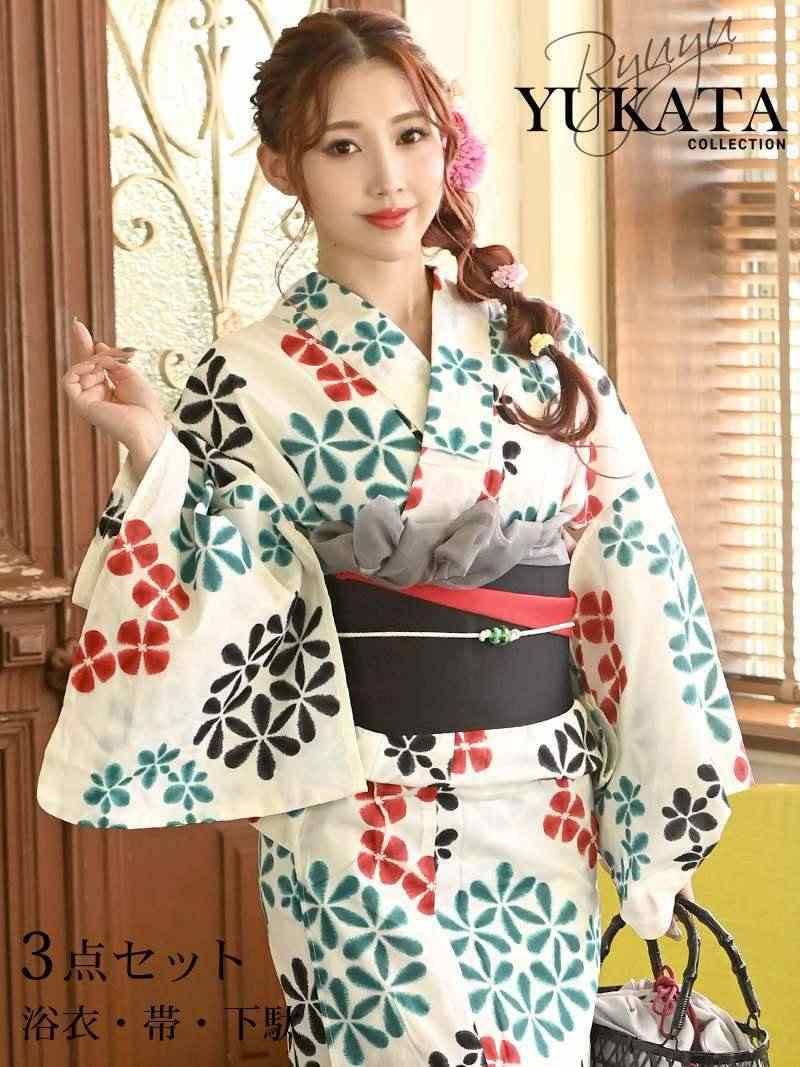 浴衣 セット レディース 浴衣レディース レディース浴衣 ゆかた 帯 下駄 キャバ浴衣 キャバ 夏祭り 花火大会 白 花柄 かわいい 3点セット レディース浴衣 映える リバーシブル 半巾帯 キャバ嬢 レトロ 和装 和 着物 和服 女性 着付 簡単 着付け 可愛い あす楽 送料無料のサムネイル