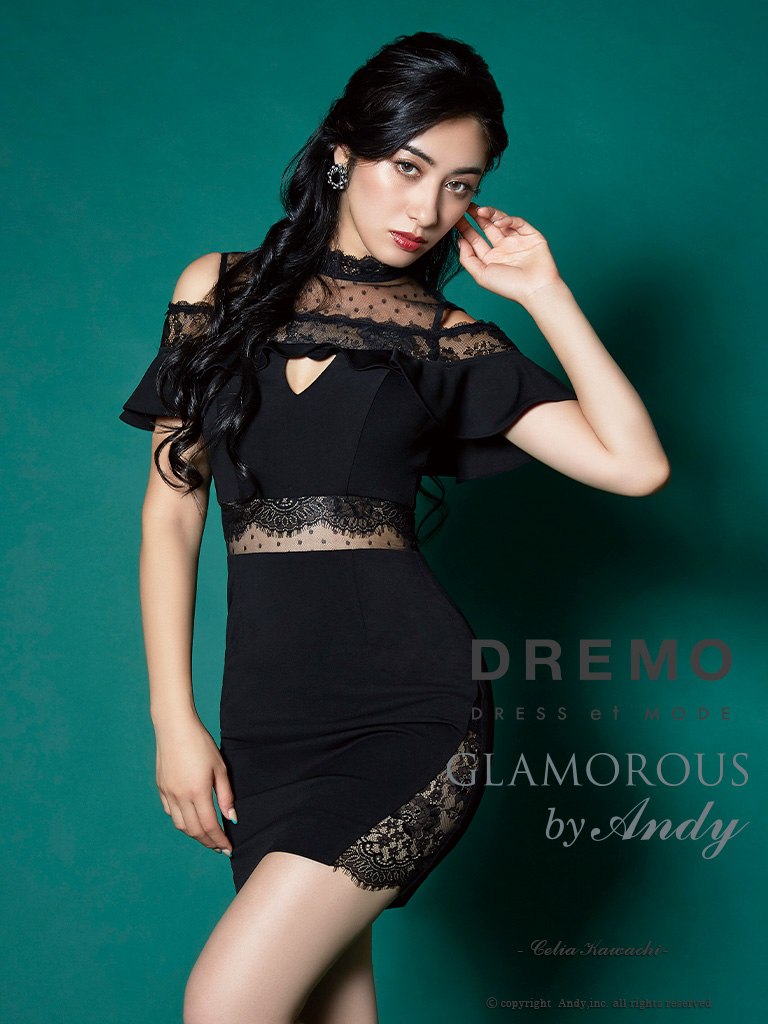 glamorous グラマラス キャバ ドレス キャバドレス ミニドレス ミニ キャバクラドレス キャバクラ パーティードレス セクシー 韓国ドレス 韓国 シースルー ドット フリル オフショル ワンカラー タイトドレス 袖付き 高級 ITK GLAMOROUS 西村好美 送料無料のサムネイル