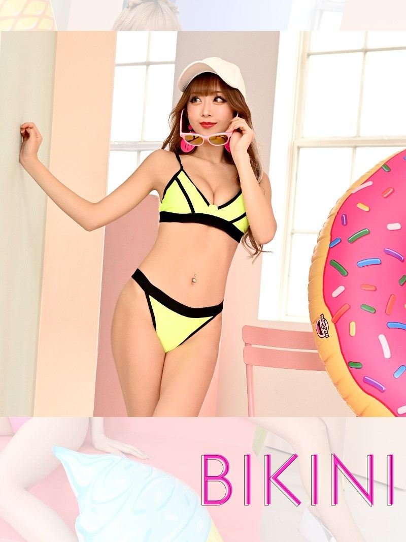 【スーパーセール】水着 ビキニ レディース レディース水着 セクシー モノキニ エロ キャバ水着 キャバ ビビットカラー ネオンカラー ホックレス ノンワイヤ 谷間盛り ハイレグ ナイトプール バイカラー ギャル 2点セット Ryuyu ゆずは まぁみ みりちゃむ ビーチグッズ 海 あ