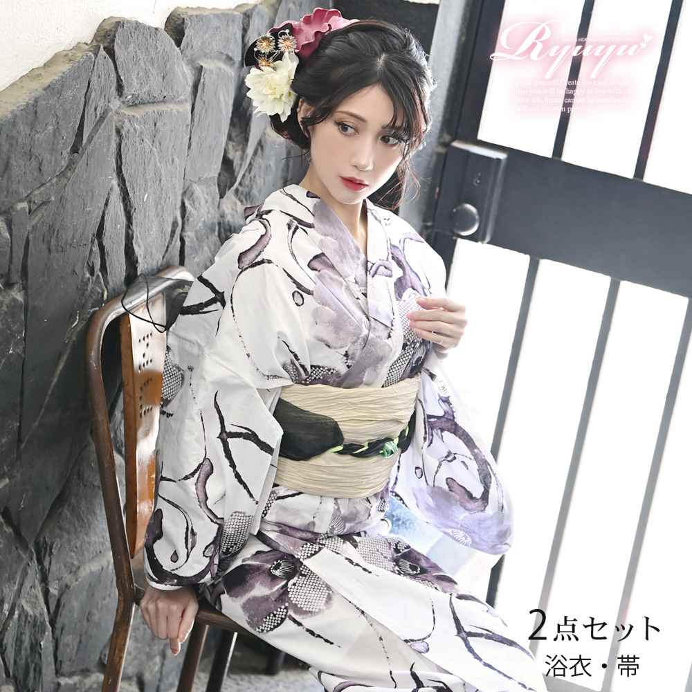 【予約販売】 浴衣 セット レディース 浴衣レディース レディース浴衣 ゆかた 帯 下駄 キャバ浴衣 キャバ 夏祭り 花火大会 墨絵 花柄 大人 浴衣 帯セット 水墨画 椿 白地 濃淡 粋 Ryuyu 加賀美早紀 yukata 和装 和 着物 和服 女性 着付 簡単 着付け 可愛い 送料無料