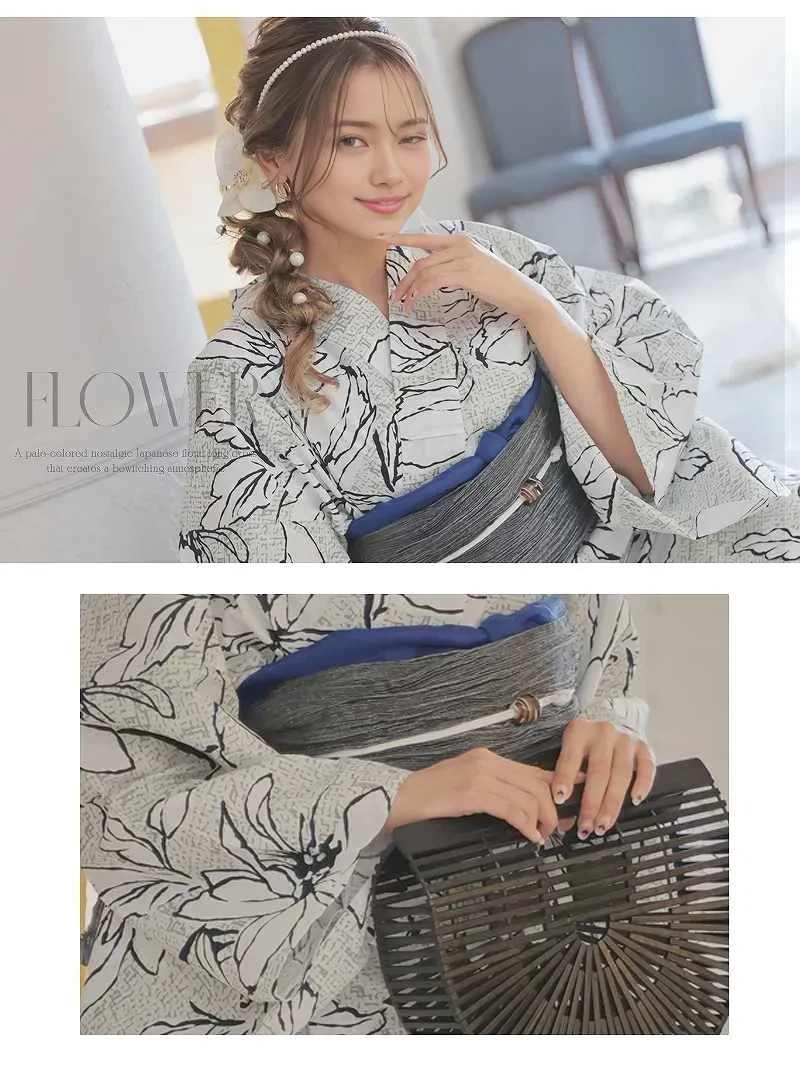 浴衣 セット レディース 浴衣レディース レディース浴衣 ゆかた 帯 下駄 キャバ浴衣 キャバ 夏祭り 花火大会 グレー 大柄 大花 ラメ帯 ギャル モノトーン 大人浴衣 花火大会 浴衣女子 シック Ryuyu ゆきぽよ yukata 和装 和 着物 あす楽 送料無料 3