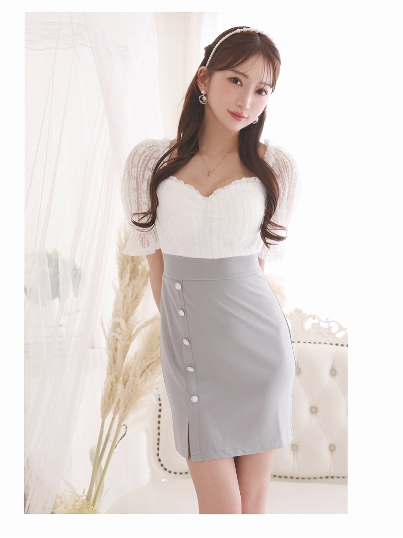 キャバ ドレス キャバドレス ミニドレス ミニ キャバクラドレス パーティードレス セクシー 韓国ドレス レース 袖付き バイカラー ストレッチ タイト 大きいサイズ 脚長 キャバ嬢ドレス 体型カバー グレー Ryuyu 大きいサイズ 可愛い きれいめ 膝丈 あす楽 送料無料