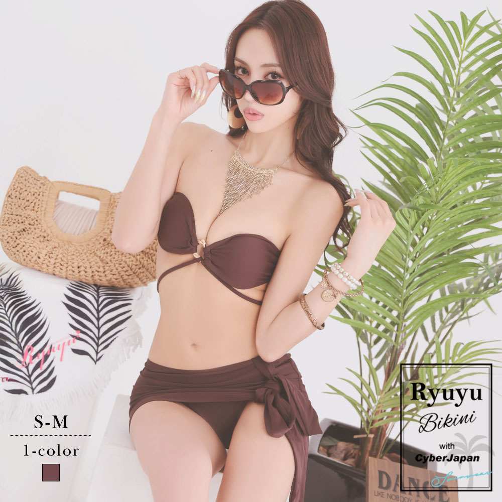 【Mail Order Available】Women's Swimsuit Bikini Sexy Monokini Erotic Cabaret Swimsuit Adult Swimsuit Earth Tone Brown Swimsuit 3-Piece Set with Pareo Bandeau Halter Separates Resort Swimsuit Imported Swimsuit Ryuyu JUNON Beach Next Day Delivery Free Shipping