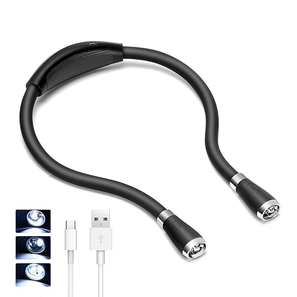 LEDネックブックライトUSB充電式、ハンズフリー、4つの超高輝度LED電球、3つの調整可能な明るさ、ベッドでの読書、編み物、ウォーキング、ジョギング、夜の修繕に最適（ ブラック ）