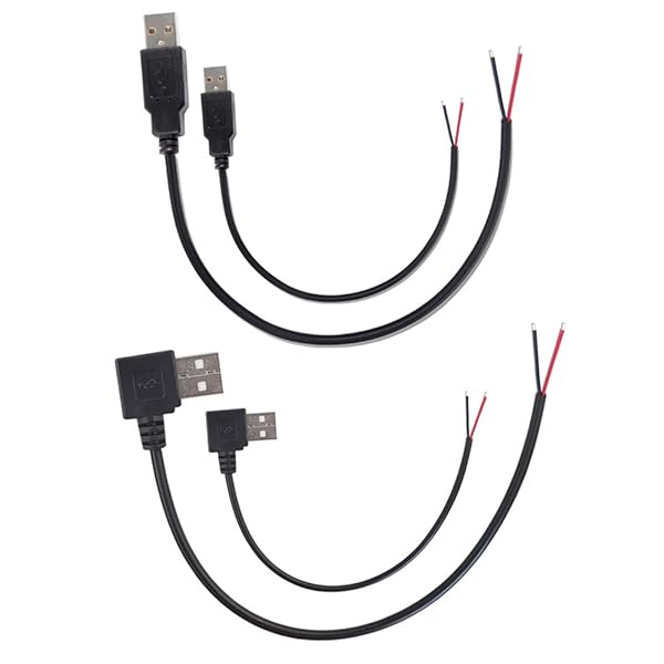 USB 2.0 裸線オープンエンドケーブル 4本 12インチ 30cm 5V 2.1A 22AWG 2コア 電源ピグテール修理 テールケーブルコード DIY ブラック 1フィート 2パックストレートオスプラグ&2パックL直角オスプラグ付属