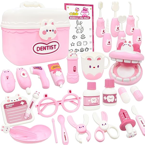 歯医者さん おままごと お医者さんおもちゃ 歯医者さんごっこ 28点セット ウサギ定番 ミニドクター 診察道具 看護師 お医者さん ごっこ遊び 収納用バッグ付き...