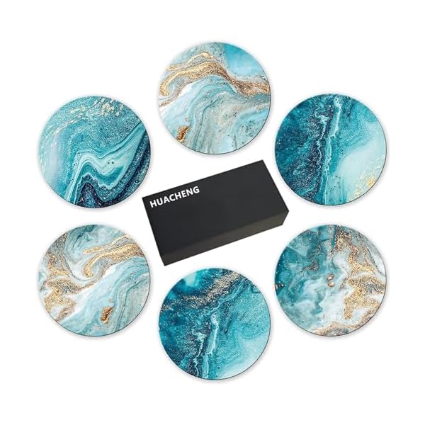 コースター おしゃれ 6個セット セラミック製 大理石模様 耐熱 保護コルク裏面 マグ お茶パッド カップマット 吸水 速乾 断熱 滑り止め 家庭用 オフィス用 ボヘミアン風 丸型 (ブルー)